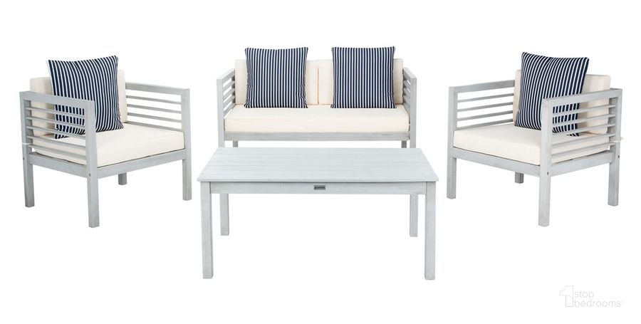 The appearance of Alda 4 Pc Outdoor Set With Accent Pillows PAT7033H designed by Safavieh in the modern / contemporary interior design. This beige piece of furniture  was selected by 1StopBedrooms from Alda Collection to add a touch of cosiness and style into your home. Sku: PAT7033H. Material: Steel. Product Type: Outdoor Conversation Set. Image1