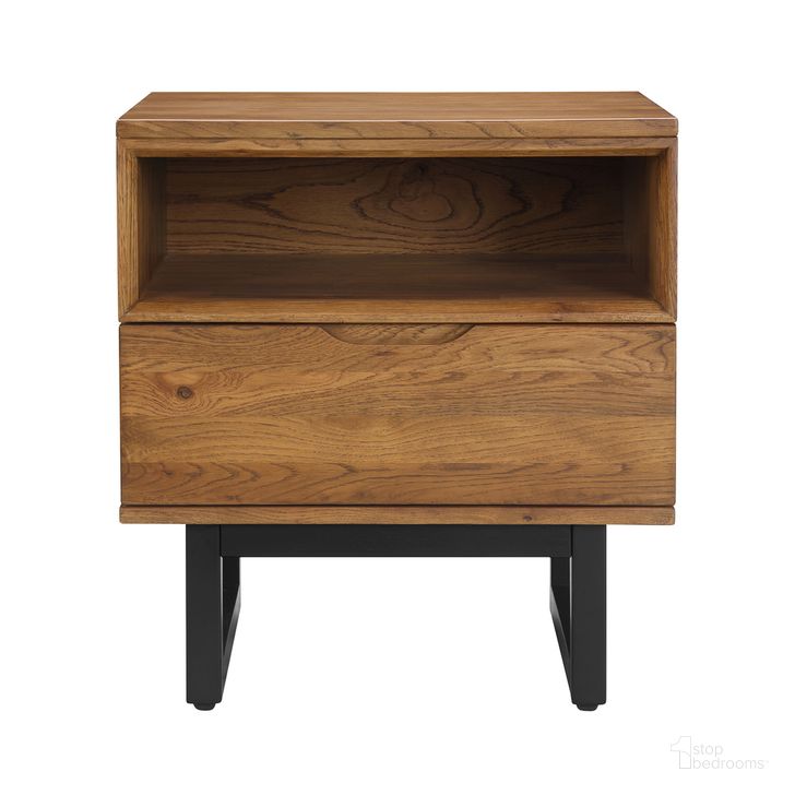 The appearance of Aldo 1 Drawer Nightstand In Brown Oak Wood with Black Metal Legs designed by Armen Living in the transitional interior design. This brown piece of furniture  was selected by 1StopBedrooms from Aldo Collection to add a touch of cosiness and style into your home. Sku: LCAOLAROAK. Material: Wood. Product Type: Nightstand. Image1