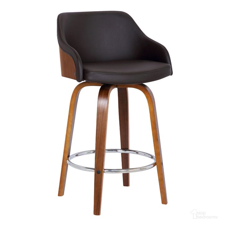 The appearance of Alec 26 Inch Counter Height Swivel Brown Faux Leather and Walnut Wood Bar Stool designed by Armen Living in the transitional interior design. This brown piece of furniture  was selected by 1StopBedrooms from Alec Collection to add a touch of cosiness and style into your home. Sku: LCAEBAWABR26. Material: Wood. Product Type: Barstool. Image1