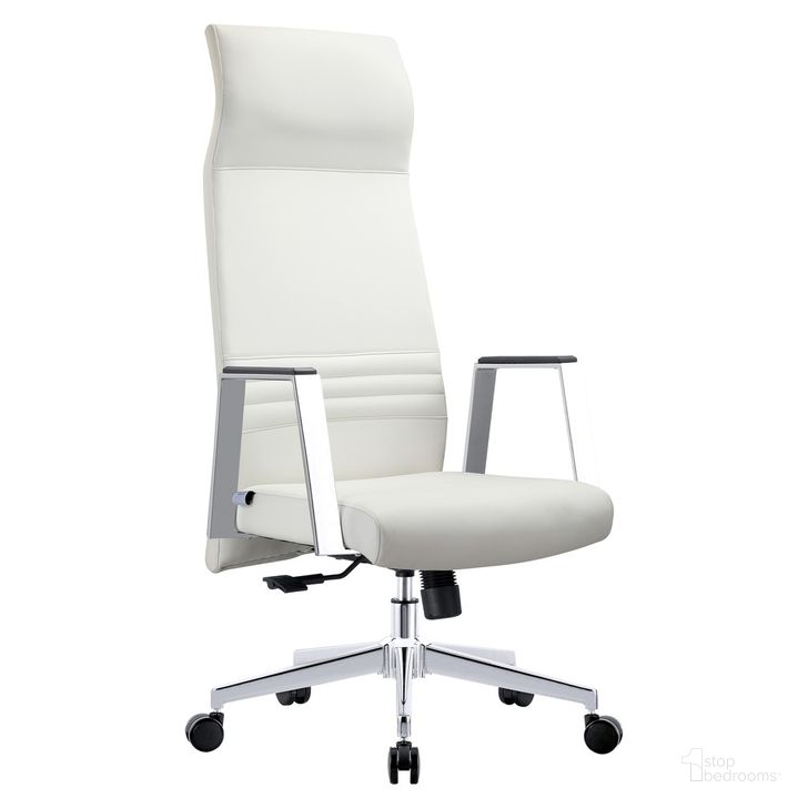 The appearance of Aleen High-Back Office Chair In Upholstered Leather and Iron Frame with Swivel and Tilt In White designed by LeisureMod in the modern / contemporary interior design. This white piece of furniture  was selected by 1StopBedrooms from Aleen Collection to add a touch of cosiness and style into your home. Sku: AOT19WL. Material: Leather. Product Type: Office Chair. Image1