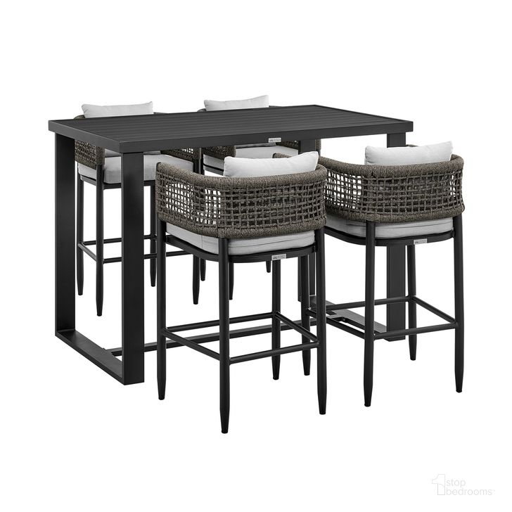The appearance of Alegria Outdoor Patio 5 Piece Bar Table Set In Gray designed by Armen Living in the modern / contemporary interior design. This gray piece of furniture  was selected by 1StopBedrooms from Alegria Collection to add a touch of cosiness and style into your home. Sku: LCAFBTBL30;LCAFBABL30;LCAFBABL30;LCAFBABL30;LCAFBABL30. Material: Aluminum. Product Type: Outdoor Bar Furniture. Image1