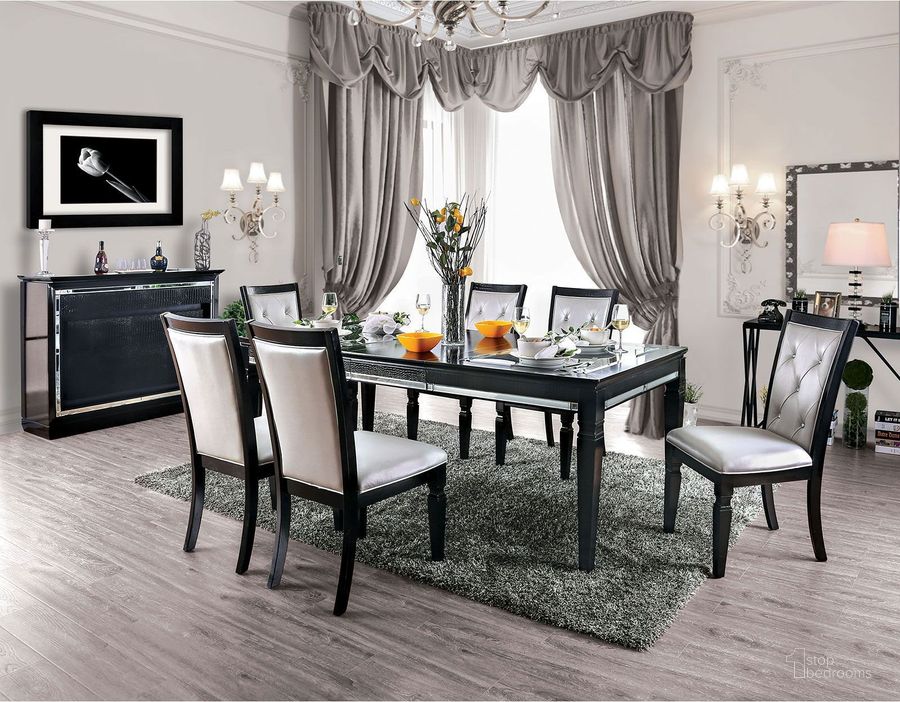 The appearance of Alena Crocodile Embossed Dining Room Set designed by Furniture of America in the transitional interior design. This silver and black piece of furniture  was selected by 1StopBedrooms from Alena Collection to add a touch of cosiness and style into your home. Sku: CM3452BK-T;CM3452BK-SC-2PK. Material: Wood. Product Type: Dining Room Set. Image1