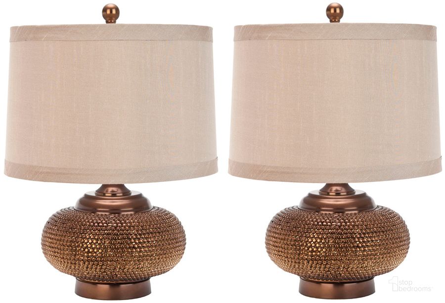 The appearance of Alexis Copper Beaded 19 Inch Table Lamp with Taupe Shade Set of 2 designed by Safavieh in the rustic / southwestern interior design. This copper piece of furniture  was selected by 1StopBedrooms from Alexis Collection to add a touch of cosiness and style into your home. Sku: LIT4016A-SET2. Product Type: Table Lamp. Image1