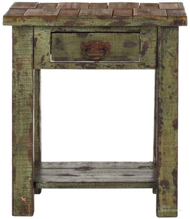 The appearance of Alfred Antique Green End Table with Storage Drawer designed by Safavieh in the rustic / southwestern interior design. This antique green piece of furniture  was selected by 1StopBedrooms from Safavieh AMH Collection to add a touch of cosiness and style into your home. Sku: AMH4094A. Product Type: Accent Table. Material: Iron. Image1