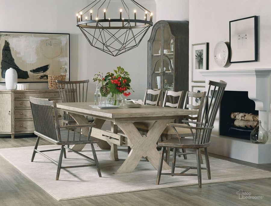 The appearance of Alfresco Light Tusk Vittorio 80" Rectangular Extendable Dining Room Set designed by Hooker in the transitional interior design. This beige piece of furniture  was selected by 1StopBedrooms from Alfresco Collection to add a touch of cosiness and style into your home. Sku: 6025-75200B-80;6025-75200T-80;6025-75303-90;6025-75303-90. Table Base Style: Trestle. Product Type: Dining Room Set. Material: Wood Veneer. Table Top Shape: Rectangular. Size: 80". Image1