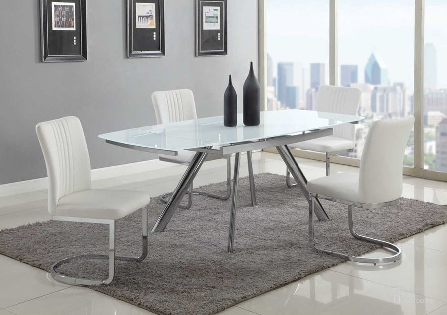 The appearance of Alina Dining Set With Extendable Starphire Glass Table And 4 Channel Back Side Chairs designed by Chintaly Imports in the modern / contemporary interior design. This  piece of furniture  was selected by 1StopBedrooms from Alina Collection to add a touch of cosiness and style into your home. Sku: ALINA-DT-T;ALINA-DT-B;ALINA-SC-WHT. Product Type: Dining Room Set.