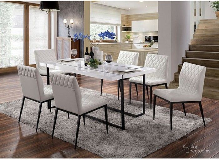 The appearance of Alisha White And Black Dining Room Set designed by Furniture of America in the modern / contemporary interior design. This white piece of furniture  was selected by 1StopBedrooms from Alisha Collection to add a touch of cosiness and style into your home. Sku: FOA3799T-1;FOA3799T-2;FOA3799SC-2PK. Material: Wood. Product Type: Dining Room Set. Size: 38". Image1