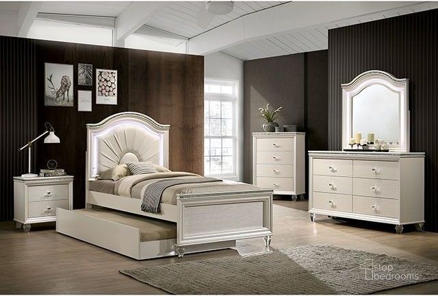 The appearance of Allie Pearl White Upholstered Youth Panel Bedroom Set with Trundle designed by Furniture of America in the modern / contemporary interior design. This white piece of furniture  was selected by 1StopBedrooms from Allie Collection to add a touch of cosiness and style into your home. Sku: CM7901T-HB;CM7901T-FB;CM7901T-R;CM7901N. Material: Wood. Product Type: Bedroom Set. Bed Size: Twin. Image1