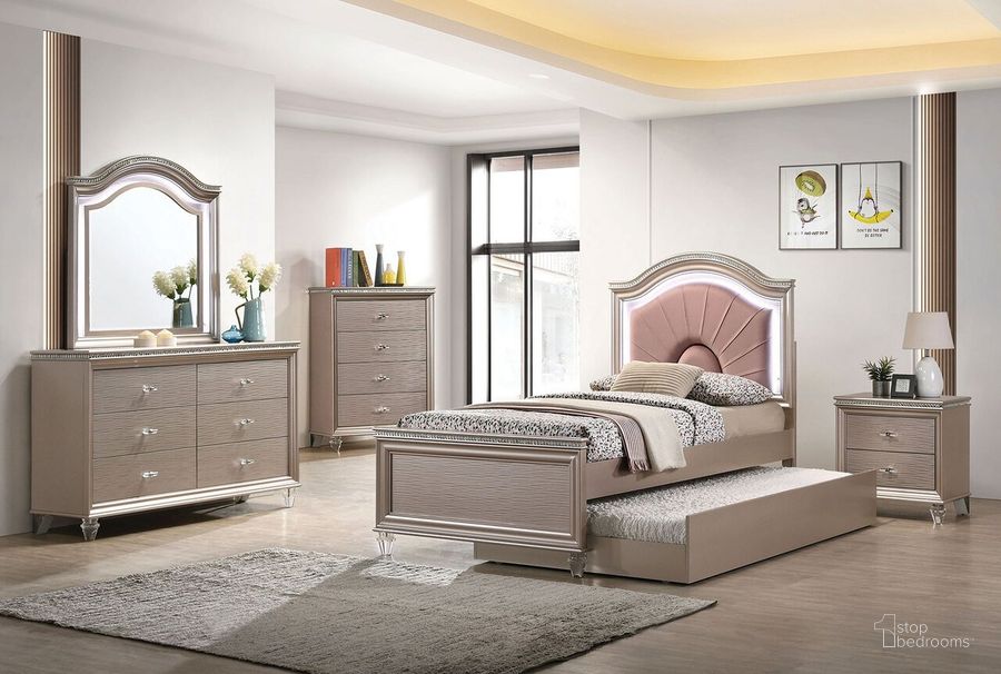 The appearance of Allie Youth Bedroom Set In Rose Gold designed by Furniture of America in the modern / contemporary interior design. This rose gold piece of furniture  was selected by 1StopBedrooms from Allie Collection to add a touch of cosiness and style into your home. Sku: CM7901RG-T-HB;CM7901RG-T-FB;CM7901RG-T-R;CM7901RG-N. Material: Wood. Product Type: Bedroom Set. Bed Size: Twin. Image1
