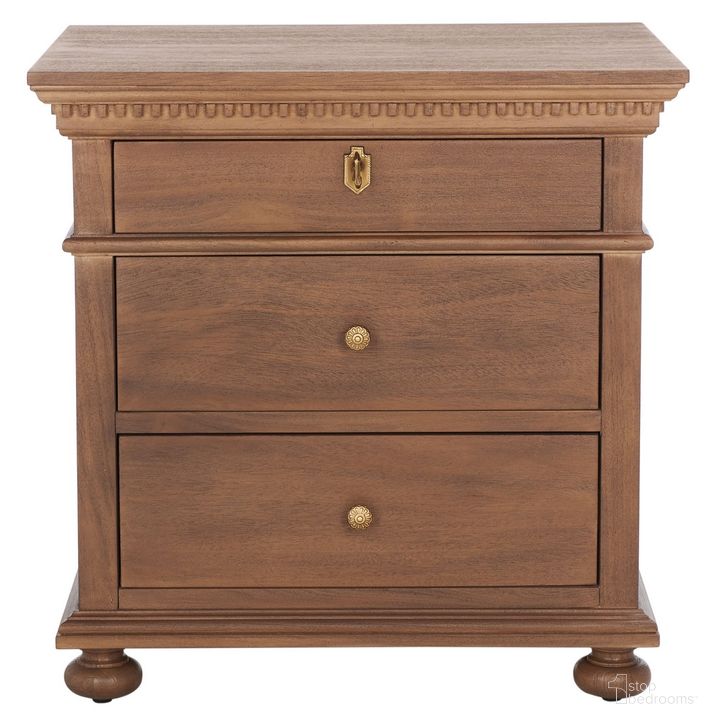 The appearance of Allisyn 3 Drawer Wood Nightstand In Brown designed by Safavieh Couture in the traditional interior design. This brown piece of furniture  was selected by 1StopBedrooms from Allisyn Collection to add a touch of cosiness and style into your home. Sku: SFV7706A. Material: Wood. Product Type: Nightstand. Image1