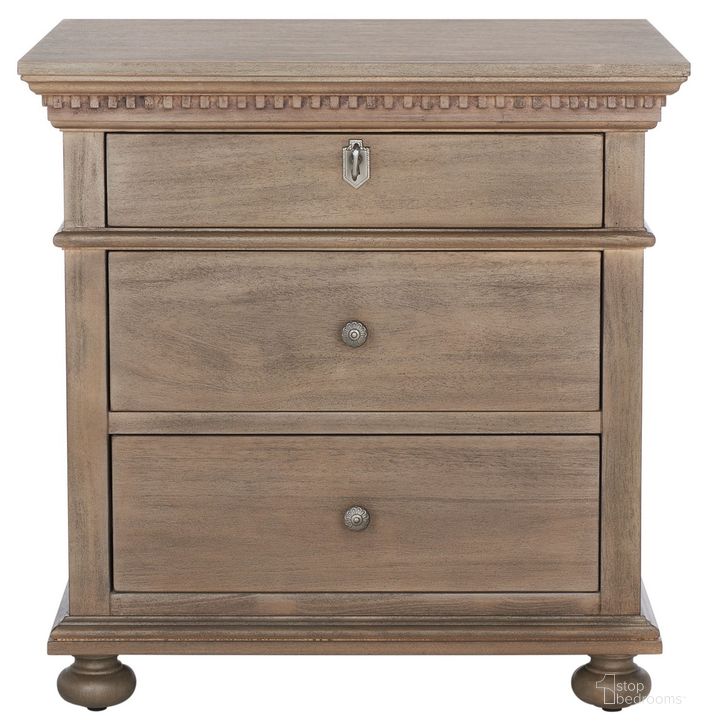 The appearance of Allisyn 3 Drawer Wood Nightstand In Light Brown designed by Safavieh Couture in the traditional interior design. This light brown piece of furniture  was selected by 1StopBedrooms from Allisyn Collection to add a touch of cosiness and style into your home. Sku: SFV7706B. Material: Wood. Product Type: Nightstand. Image1