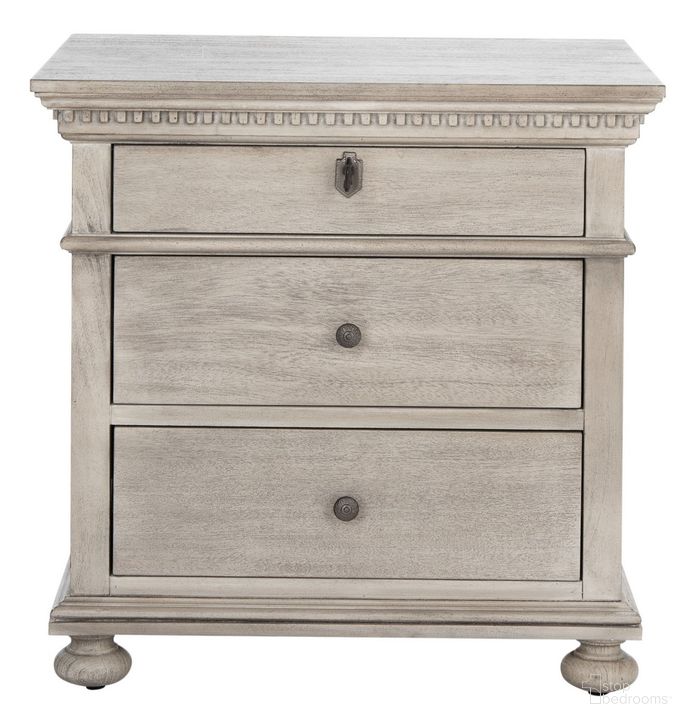 The appearance of Allisyn 3 Drawer Wood Nightstand In Light Grey designed by Safavieh Couture in the traditional interior design. This light grey piece of furniture  was selected by 1StopBedrooms from Allisyn Collection to add a touch of cosiness and style into your home. Sku: SFV7706C. Material: Wood. Product Type: Nightstand. Image1