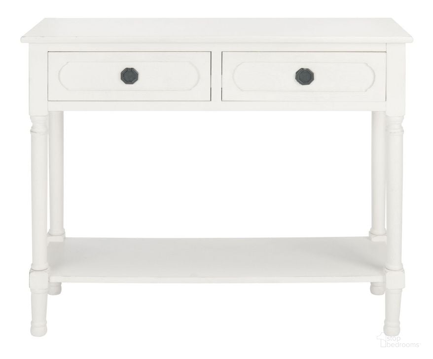 The appearance of Allura 2Drw Console Table in Distressed White designed by Safavieh in the modern / contemporary interior design. This distressed white piece of furniture  was selected by 1StopBedrooms from Allura Collection to add a touch of cosiness and style into your home. Sku: CNS5725A. Material: Wood. Product Type: Console Table. Image1