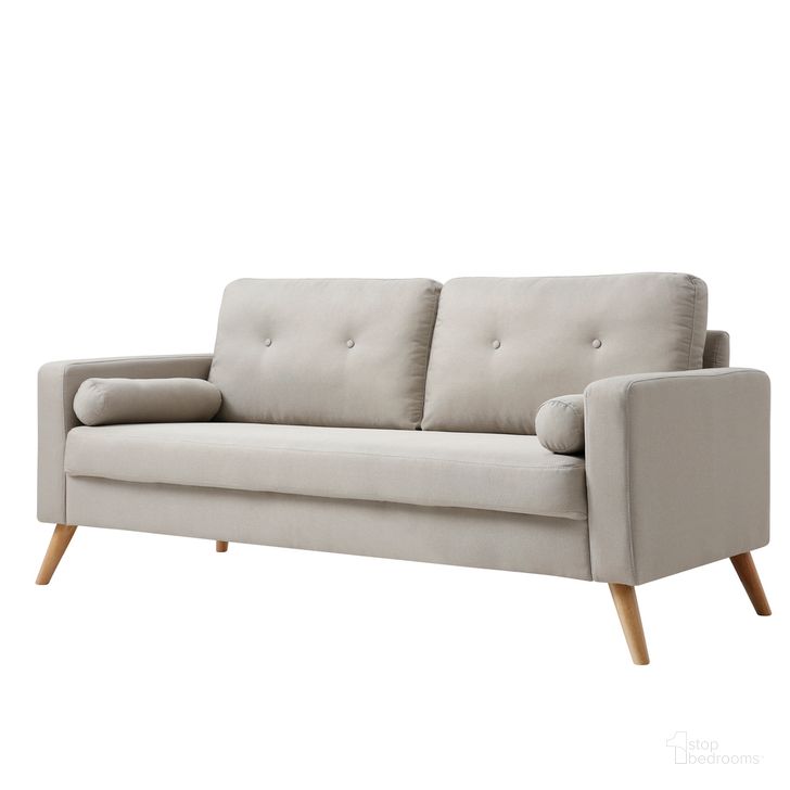 The appearance of Alvin Button Tufted Polyester Sofa with Accent Pillows In Sand designed by AC Pacific in the modern / contemporary interior design. This sand piece of furniture  was selected by 1StopBedrooms from Alvin Collection to add a touch of cosiness and style into your home. Sku: ALVIN-SAND-SOFA. Material: Polyester. Product Type: Sofa. Image1