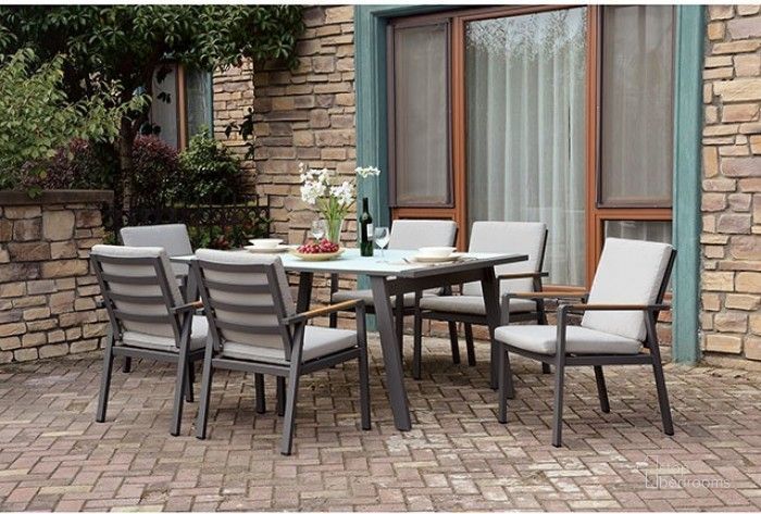 The appearance of Alycia White Outdoor Patio Dining Table Set designed by Furniture of America in the transitional interior design. This gray piece of furniture  was selected by 1StopBedrooms from Alycia Collection to add a touch of cosiness and style into your home. Sku: CM-OT2141T-1;CM-OT2141T-2;CM-OT2141AC-6PK. Material: Aluminum. Product Type: Outdoor Dining Set. Image1