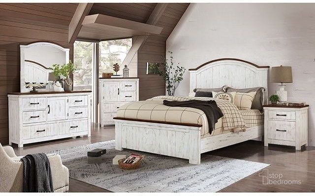 The appearance of Alyson Distressed White And Walnut Panel Bedroom Set designed by Furniture of America in the transitional interior design. This white piece of furniture  was selected by 1StopBedrooms from Alyson Collection to add a touch of cosiness and style into your home. Sku: CM7962Q-FB;CM7962Q-HB;CM7962Q-R;CM7962N. Material: Wood. Product Type: Bedroom Set. Bed Size: Queen. Image1