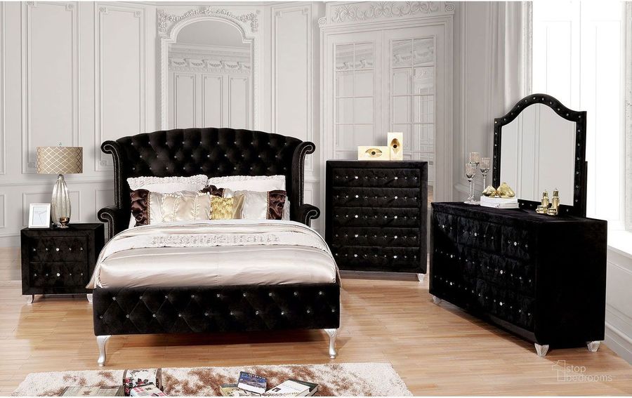 The appearance of Alzire Black Upholstered Panel Bedroom Set designed by Furniture of America in the transitional interior design. This black piece of furniture  was selected by 1StopBedrooms from Alzire Collection to add a touch of cosiness and style into your home. Sku: CM7150BK-Q-HB;CM7150BK-Q-FBR;CM7150BK-Q-W;CM7150BK-N. Material: Wood. Product Type: Bedroom Set. Bed Size: Queen. Image1