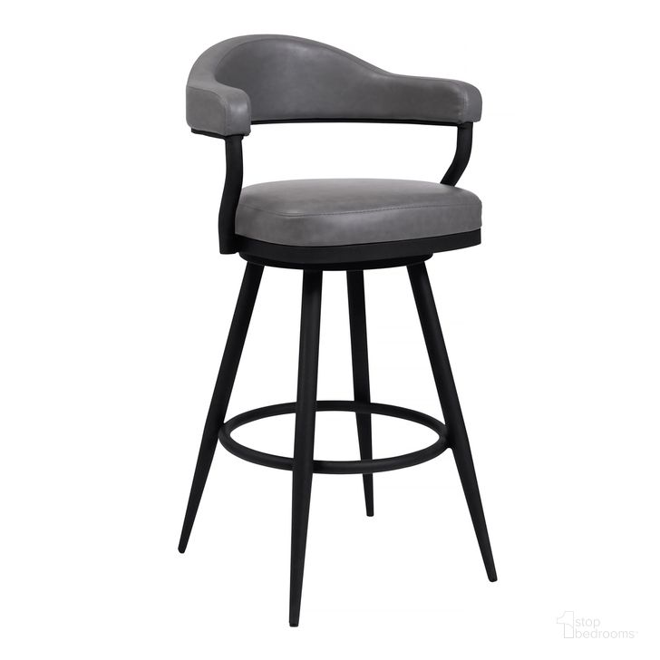 The appearance of Amador 26 Inch Counter Height Barstool In A Black Powder Coated Finish and Vintage Gray Faux Leather designed by Armen Living in the modern / contemporary interior design. This gray piece of furniture  was selected by 1StopBedrooms from Amador Collection to add a touch of cosiness and style into your home. Sku: 721535747009. Product Type: Barstool. Material: Iron. Image1