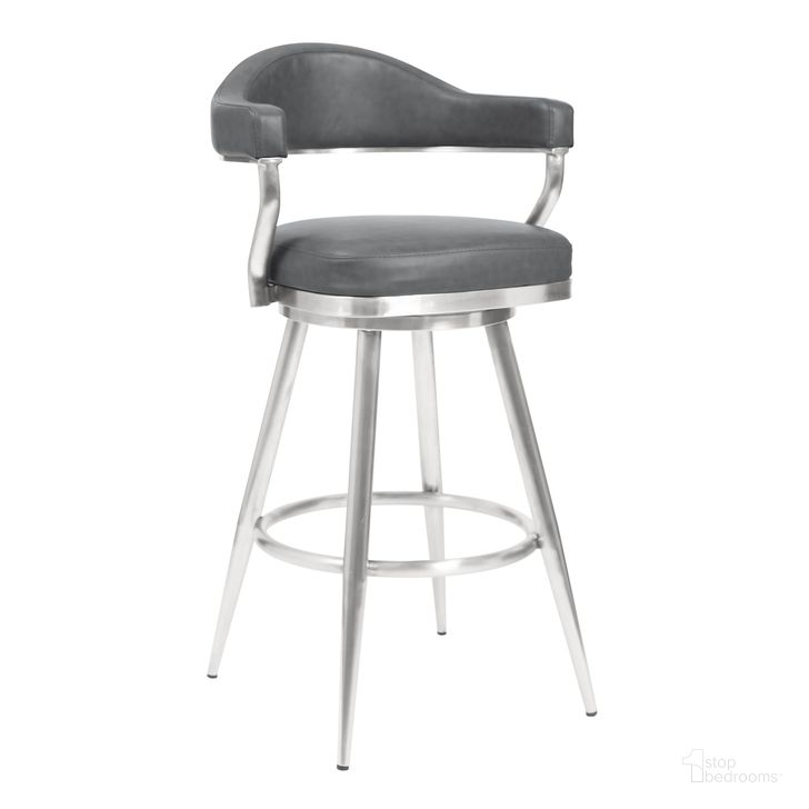 The appearance of Amador 26 Inch Counter Height Barstool In Brushed Stainless Steel and Vintage Gray Faux Leather designed by Armen Living in the modern / contemporary interior design. This gray piece of furniture  was selected by 1StopBedrooms from Amador Collection to add a touch of cosiness and style into your home. Sku: 721535747047. Product Type: Barstool. Material: Stainless Steel. Image1