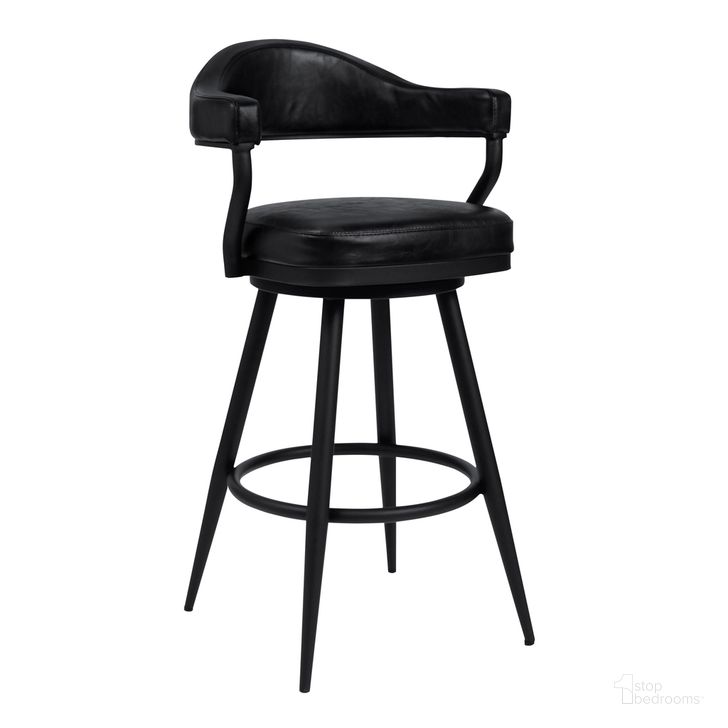 The appearance of Amador 30 Inch Bar Height Barstool In A Black Powder Coated Finish and Vintage Black Faux Leather designed by Armen Living in the modern / contemporary interior design. This vintage black piece of furniture  was selected by 1StopBedrooms from Amador Collection to add a touch of cosiness and style into your home. Sku: 721535746972. Product Type: Barstool. Material: Iron. Image1