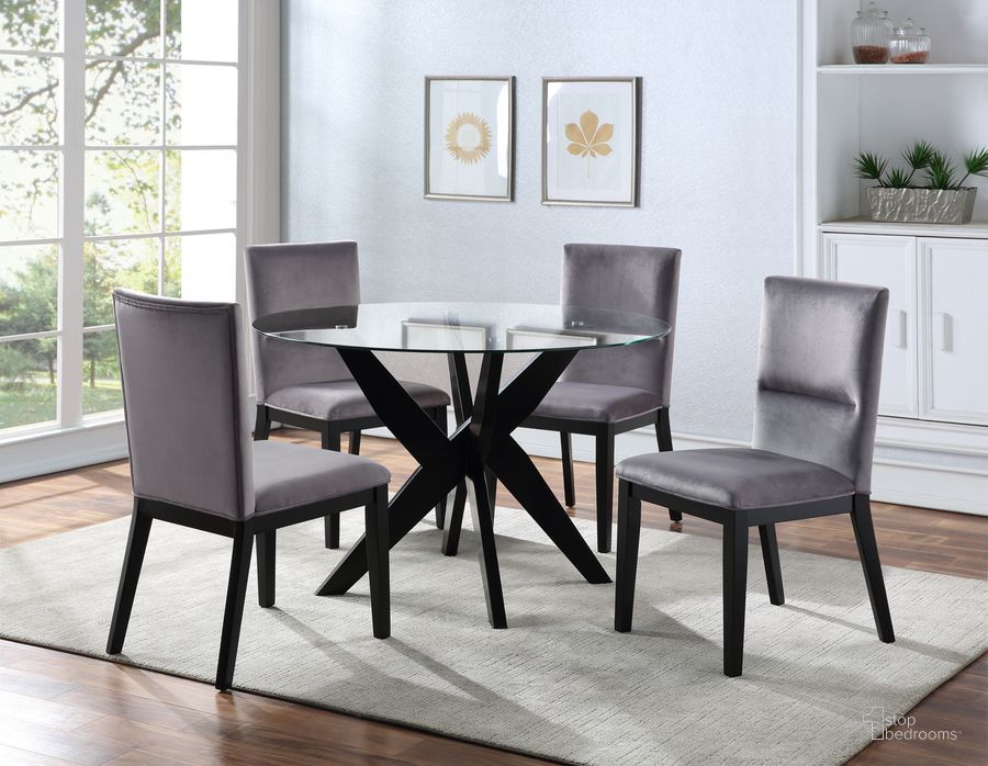 The appearance of Amalie 5Pc Dining Set In Black With Grey Velvet Chairs designed by Steve Silver in the modern / contemporary interior design. This black piece of furniture  was selected by 1StopBedrooms from Amalie Collection to add a touch of cosiness and style into your home. Sku: AL4848TT;AL4848TBB;AL4848SG;AL4848SG;AL4848SG;AL4848SG. Product Type: Dining Room Set. Material: MDF. Image1
