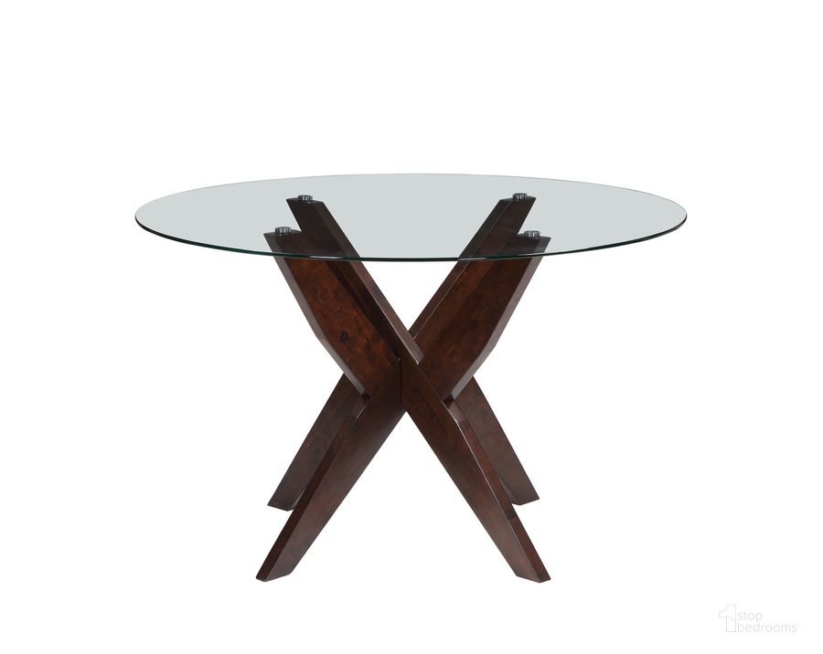 The appearance of Amalie Round Dining Table In Brown designed by Steve Silver in the modern / contemporary interior design. This walnut piece of furniture  was selected by 1StopBedrooms from Amalie Collection to add a touch of cosiness and style into your home. Sku: AL4848TT;AL4848TB. Table Base Style: Trestle. Table Top Shape: Round. Material: Wood. Product Type: Dining Table. Image1