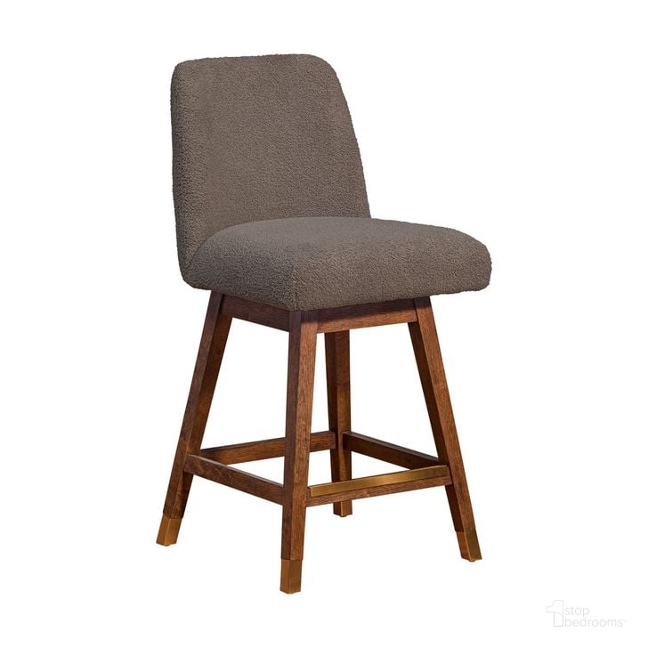 The appearance of Amalie Swivel Counter Stool In Brown Oak Wood Finish with Taupe Boucle Fabric designed by Armen Living in the modern / contemporary interior design. This taupe piece of furniture  was selected by 1StopBedrooms from Amalie Collection to add a touch of cosiness and style into your home. Sku: 840254332034. Material: Wood. Product Type: Barstool. Image1