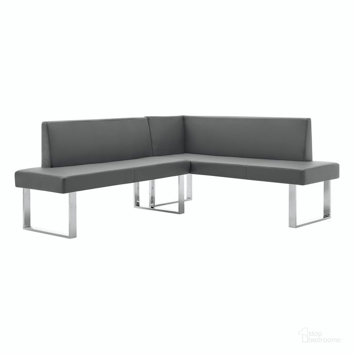 The appearance of Amanda Contemporary Nook Corner Dining Bench In Gray Faux Leather and Chrome Finish designed by Armen Living in the modern / contemporary interior design. This gray piece of furniture  was selected by 1StopBedrooms from Amanda Collection to add a touch of cosiness and style into your home. Sku: LCAMCOGRSF. Product Type: Sofa. Material: Chrome. Image1