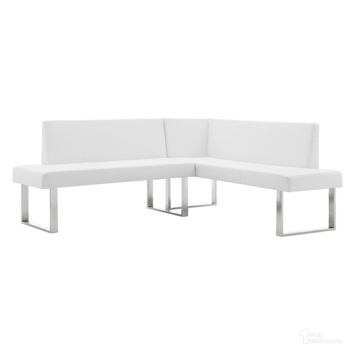 The appearance of Amanda White Corner Sofa designed by Armen Living in the modern / contemporary interior design. This white piece of furniture  was selected by 1StopBedrooms from Amanda Collection to add a touch of cosiness and style into your home. Sku: LCAMCOWHSF. Product Type: Sofa. Material: Chrome. Image1