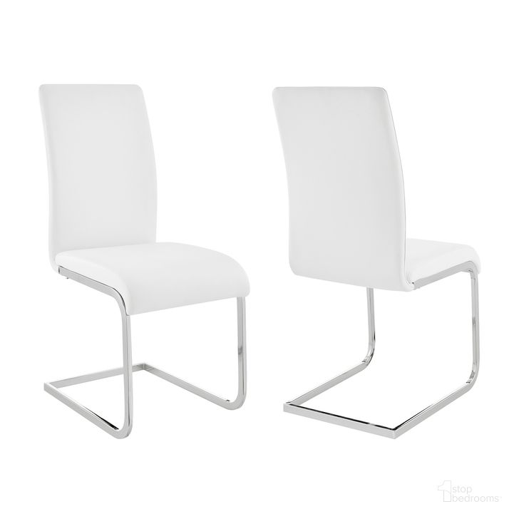 The appearance of Amanda Contemporary Side Chair Set of 2 In White Faux Leather and Chrome Finish designed by Armen Living in the modern / contemporary interior design. This white piece of furniture  was selected by 1StopBedrooms from Amanda Collection to add a touch of cosiness and style into your home. Sku: LCAMSIWH. Product Type: Dining Chair. Material: Chrome. Image1