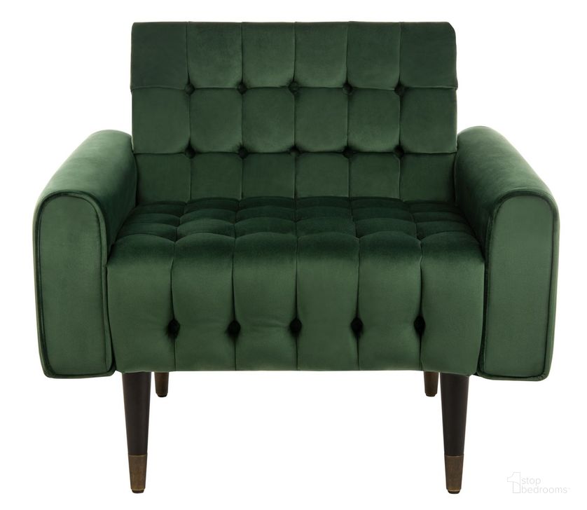 The appearance of Amaris Forest Green and Black and Brass Tufted Accent Chair designed by Safavieh in the modern / contemporary interior design. This green piece of furniture  was selected by 1StopBedrooms from Amaris Collection to add a touch of cosiness and style into your home. Sku: ACH4503D. Product Type: Accent Chair. Material: Stainless Steel. Image1