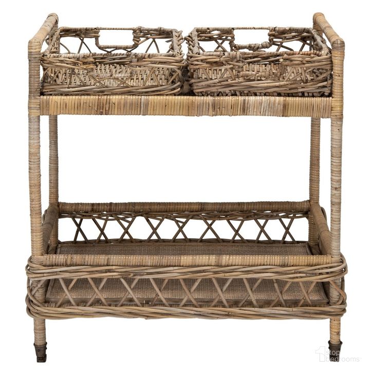 The appearance of Ambrose Gray Wash and Antique Brass 2 Tier Rattan Bar Cart designed by Safavieh in the modern / contemporary interior design. This gray wash piece of furniture  was selected by 1StopBedrooms from Safavieh BCT Collection to add a touch of cosiness and style into your home. Sku: BCT6500A. Product Type: Bar Cart. Material: Brass. Image1