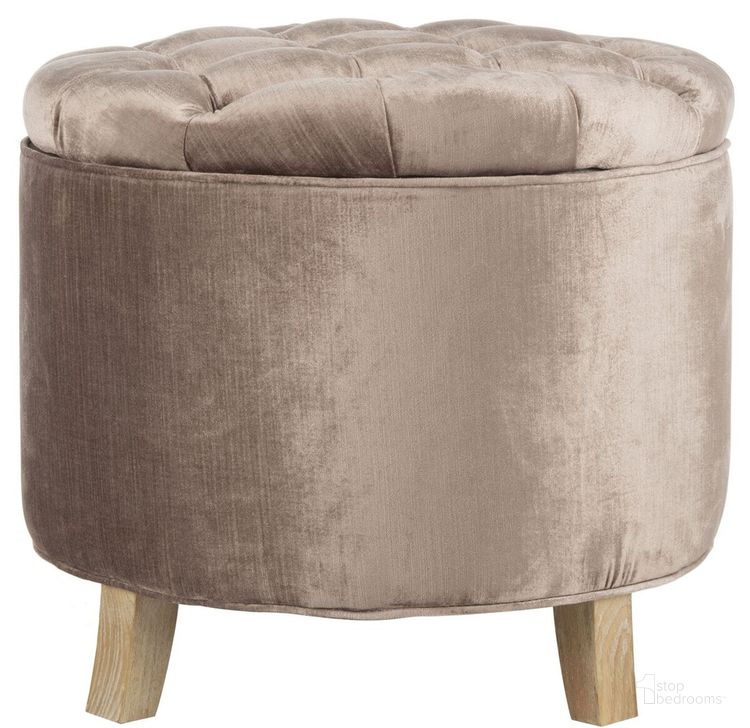 The appearance of Amelia Mink Brown and Pickled Oak Tufted Storage Ottoman designed by Safavieh in the transitional interior design. This rose gold piece of furniture  was selected by 1StopBedrooms from Amelia Collection to add a touch of cosiness and style into your home. Sku: HUD8220V. Material: Wood. Product Type: Ottoman. Image1