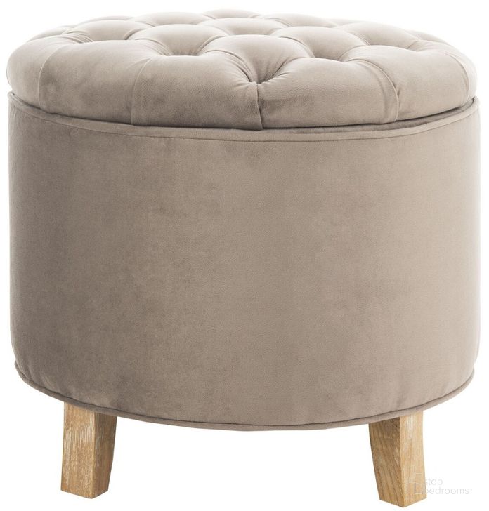 The appearance of Amelia Mushroom Taupe and Pickled Oak Storage Ottoman designed by Safavieh in the transitional interior design. This oak piece of furniture  was selected by 1StopBedrooms from Amelia Collection to add a touch of cosiness and style into your home. Sku: HUD8220Y. Material: Wood. Product Type: Ottoman. Image1