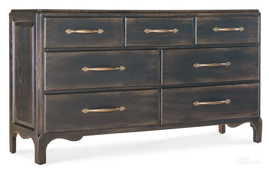 The appearance of Americana Dresser In Black designed by Hooker in the transitional interior design. This black piece of furniture  was selected by 1StopBedrooms from Americana Collection to add a touch of cosiness and style into your home. Sku: 7050-90002-89. Product Type: Dresser. Material: Wood Veneer. Image1