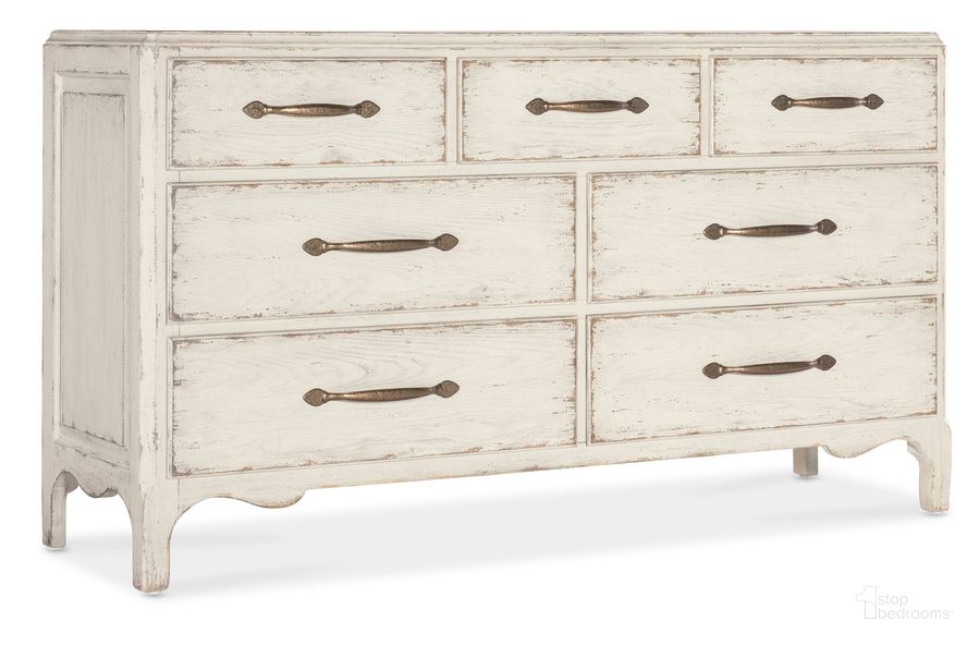 The appearance of Americana Dresser In White designed by Hooker in the transitional interior design. This white piece of furniture  was selected by 1StopBedrooms from Americana Collection to add a touch of cosiness and style into your home. Sku: 7050-90002-02. Product Type: Dresser. Material: Wood Veneer. Image1