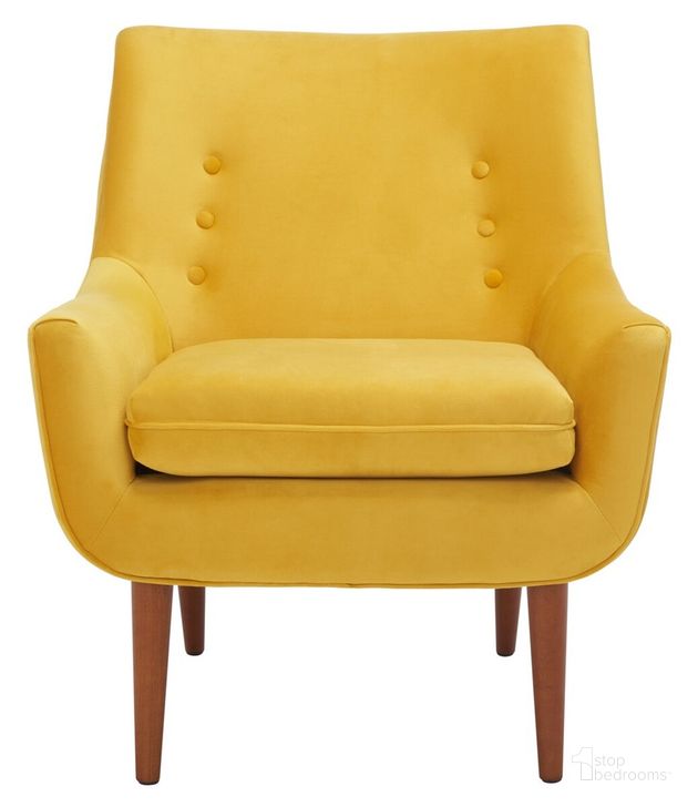 The appearance of Amina Accent Chair in Gold designed by Safavieh in the modern / contemporary interior design. This gold piece of furniture  was selected by 1StopBedrooms from Amina Collection to add a touch of cosiness and style into your home. Sku: ACH1303A. Material: Wood. Product Type: Accent Chair. Image1