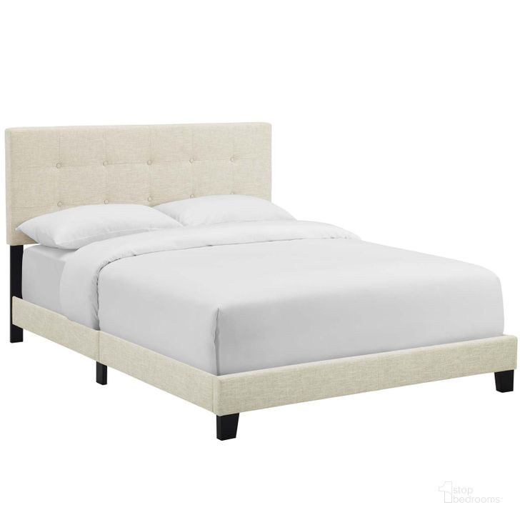 The appearance of Amira Beige Queen Upholstered Fabric Bed designed by Modway in the modern / contemporary interior design. This beige piece of furniture  was selected by 1StopBedrooms from Amira Collection to add a touch of cosiness and style into your home. Sku: MOD-6001-BEI. Bed Type: Panel Bed. Product Type: Panel Bed. Bed Size: Queen. Material: Rubberwood. Image1