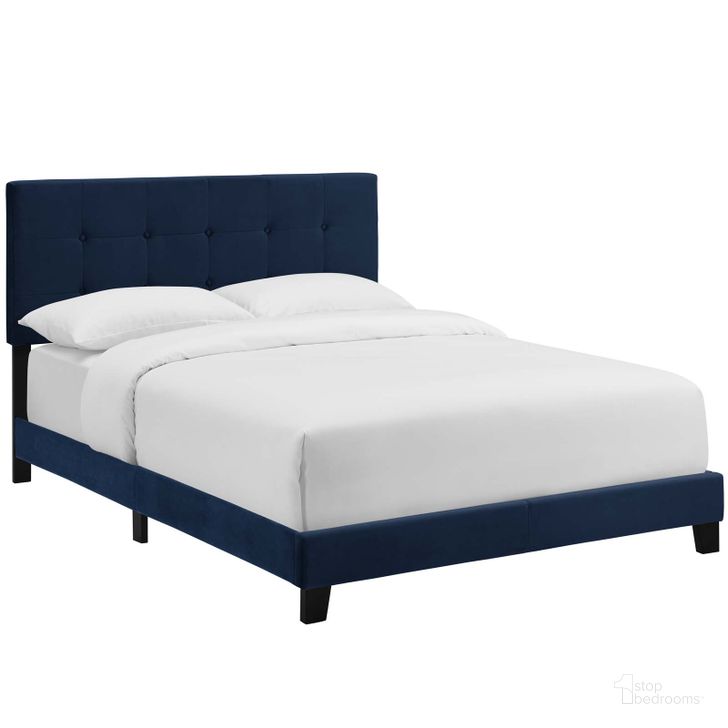 The appearance of Amira Midnight Blue Twin Performance Velvet Bed designed by Modway in the modern / contemporary interior design. This midnight blue piece of furniture  was selected by 1StopBedrooms from Amira Collection to add a touch of cosiness and style into your home. Sku: MOD-5851-MID. Bed Type: Panel Bed. Product Type: Panel Bed. Bed Size: Twin. Material: Rubberwood. Image1