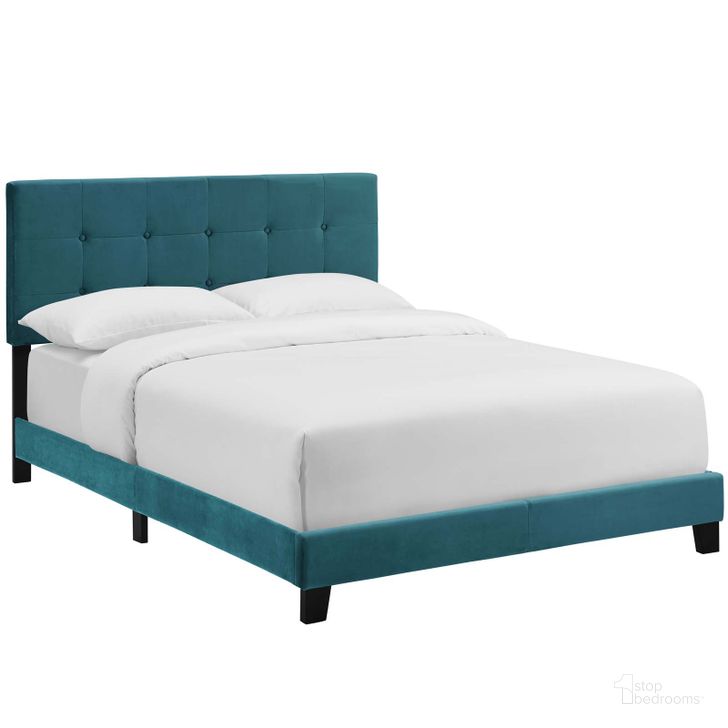 The appearance of Amira Sea Blue Queen Performance Velvet Bed designed by Modway in the modern / contemporary interior design. This sea blue piece of furniture  was selected by 1StopBedrooms from Amira Collection to add a touch of cosiness and style into your home. Sku: MOD-5867-SEA. Bed Type: Panel Bed. Product Type: Panel Bed. Bed Size: Queen. Material: Rubberwood. Image1