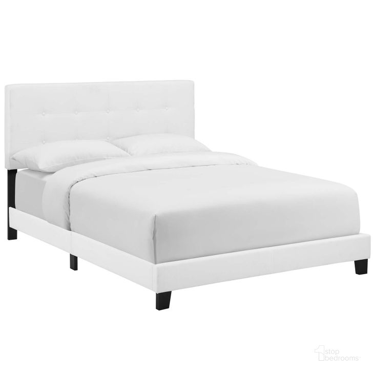 The appearance of Amira White Queen Upholstered Fabric Bed designed by Modway in the modern / contemporary interior design. This white piece of furniture  was selected by 1StopBedrooms from Amira Collection to add a touch of cosiness and style into your home. Sku: MOD-6001-WHI. Bed Type: Panel Bed. Product Type: Panel Bed. Bed Size: Queen. Material: Rubberwood. Image1