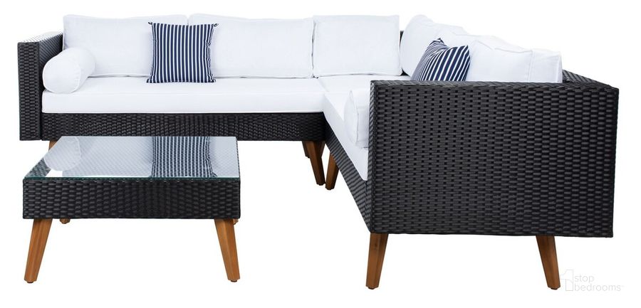 The appearance of Analon Outdoor Sectional in Black and White designed by Safavieh in the modern / contemporary interior design. This black and white piece of furniture  was selected by 1StopBedrooms from Analon Collection to add a touch of cosiness and style into your home. Sku: PAT7716A-3BX. Material: Steel. Product Type: Outdoor Set. Image1