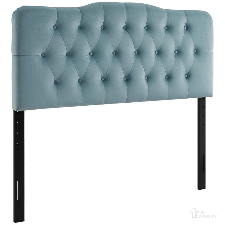 The appearance of Annabel Light Blue King Diamond Tufted Performance Velvet Headboard designed by Modway in the modern / contemporary interior design. This light blue piece of furniture  was selected by 1StopBedrooms from Annabel Collection to add a touch of cosiness and style into your home. Sku: MOD-6127-LBU. Product Type: Headboard. Bed Size: King. Material: Plywood. Image1