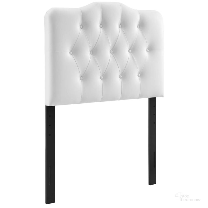 The appearance of Annabel White Twin Upholstered Vinyl Headboard MOD-5161-WHI designed by Modway in the modern / contemporary interior design. This white piece of furniture  was selected by 1StopBedrooms from Annabel Collection to add a touch of cosiness and style into your home. Sku: MOD-5161-WHI. Product Type: Headboard. Bed Size: Twin. Material: MDF. Image1