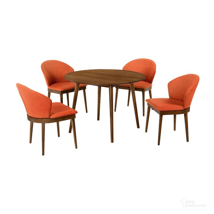 The appearance of Arcadia and Juno 42 Inch Round Orange and Walnut Wood 5-Piece Dining Set designed by Armen Living in the transitional interior design. This orange piece of furniture  was selected by 1StopBedrooms from Arcadia and Juno Collection to add a touch of cosiness and style into your home. Sku: LCARDIWA42;LCJNSIWAOR;LCJNSIWAOR. Product Type: Dining Room Set. Material: Rubberwood. Image1