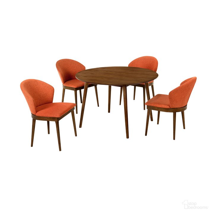 The appearance of Arcadia and Juno 48 Inch Round Orange and Walnut Wood 5-Piece Dining Set designed by Armen Living in the transitional interior design. This orange piece of furniture  was selected by 1StopBedrooms from Arcadia and Juno Collection to add a touch of cosiness and style into your home. Sku: LCARDIWA48;LCJNSIWAOR;LCJNSIWAOR. Product Type: Dining Room Set. Material: Rubberwood. Image1