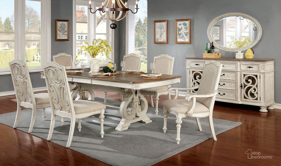 The appearance of Arcadia Dining Room Set In Antique White designed by Furniture of America in the rustic / southwestern interior design. This antique white piece of furniture  was selected by 1StopBedrooms from Arcadia Collection to add a touch of cosiness and style into your home. Sku: CM3150WH-T-1;CM3150WH-T-2;CM3150WH-SC-2PK;CM3150WH-SC-2PK. Material: Wood. Product Type: Dining Room Set. Image1