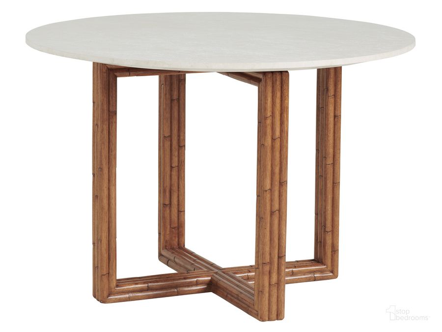 The appearance of Arcadia Marble Top Breakfast Table designed by Tommy Bahama in the modern / contemporary interior design. This copper piece of furniture  was selected by 1StopBedrooms from Palm Desert Collection to add a touch of cosiness and style into your home. Sku: 01-0575-870C. Table Base Style: Trestle. Table Top Shape: Round. Material: Marble. Product Type: Dining Table. Size: 44". Image1