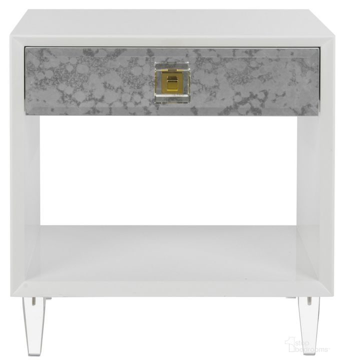 The appearance of Arcelia Eglomise Side Table In White designed by Safavieh Couture in the modern / contemporary interior design. This white piece of furniture  was selected by 1StopBedrooms from Arcelia Collection to add a touch of cosiness and style into your home. Sku: SFV3543A. Product Type: Side Table. Material: Brass. Image1