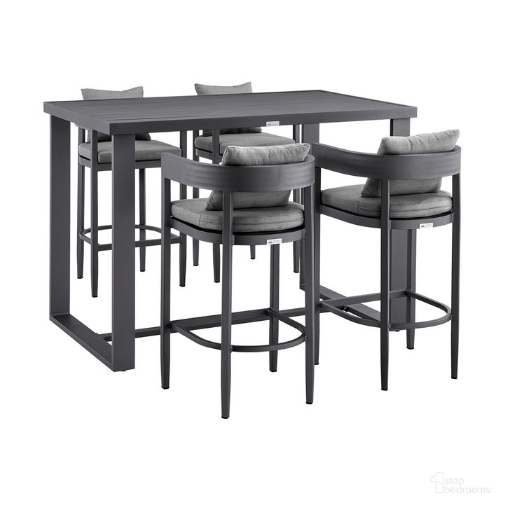 The appearance of Argiope Outdoor Patio 5-Piece Bar Table Set In Aluminum with Gray Cushions designed by Armen Living in the modern / contemporary interior design. This gray piece of furniture  was selected by 1StopBedrooms from Argiope Collection to add a touch of cosiness and style into your home. Sku: 795154122059;795154122042;795154122042;795154122042;840254332973. Material: Aluminum. Product Type: Outdoor Bar Furniture. Image1